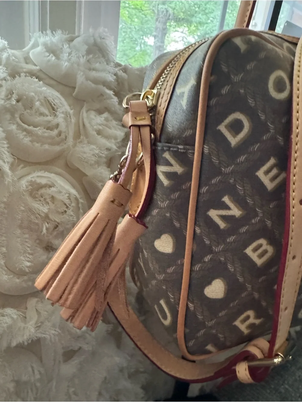 New -Dooney & Bourke Samuela Small Suitcase Satchel Crossbody Brown Monogram EUC